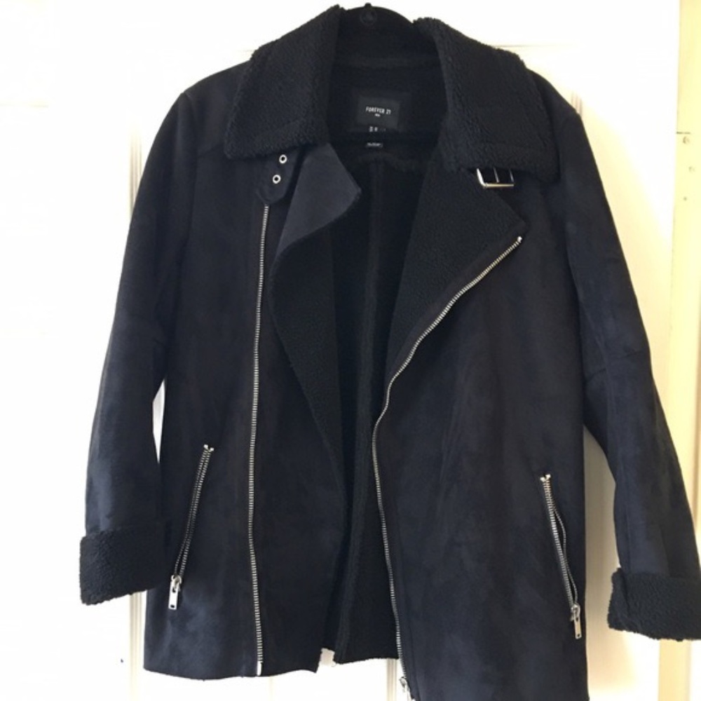 Oversized black Suede texture Motor coat Sherpa